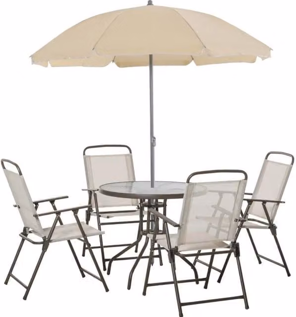Chilli Seating Beige Bistro Set with Folding Chairs, Table and Parasol