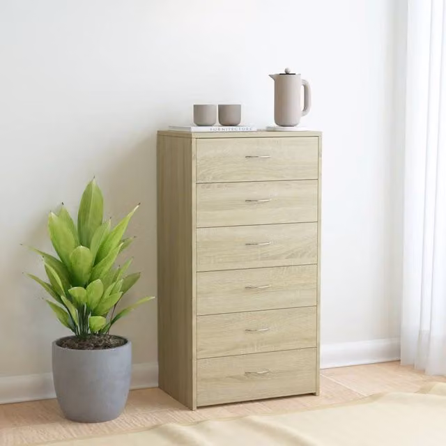 Berkfield Home Sonoma Oak Sideboard with 6 Drawers in Brown, W/D/H: 50 x 34 x 96 cm