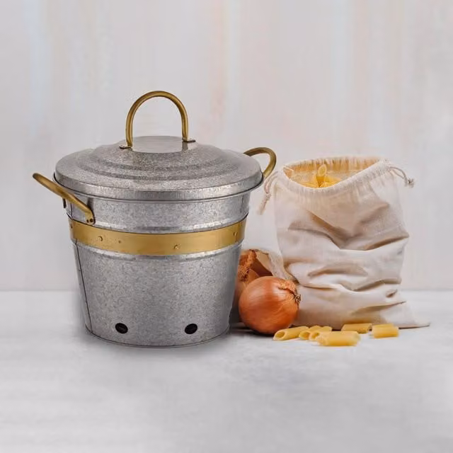 The Mia UK Mia Galvin Series Metal Potato and Onion Bin in Silver and Gold