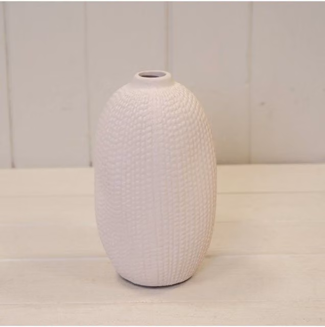 KDMD White Medium Textured Ceramic Vase with Abstract Minimalist Oval Design