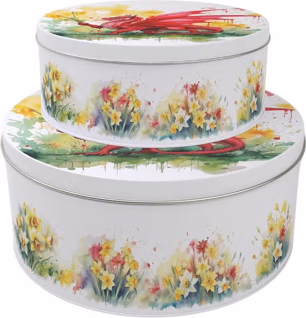 Purely Home Daffodils & Dragon Round Steel Cake Tin Set with Lid, Multicoloured