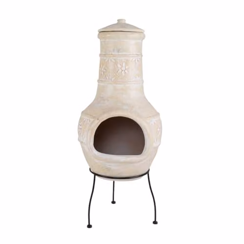 Charles Bentley Natural Clay Chiminea and BBQ Grill with Flower Design, Stand and Rain Lid, Beige, H 85 cm x W 42 cm – 3