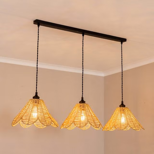 ValueLights Vine Rattan Flower 3 Drop Bar Pendant Ceiling Light with LED Bulbs, Black