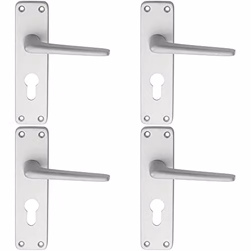Loops 4 Pack of Straight Tapered Lever on Euro Lock Backplate Door Handles in Brushed Silver Aluminium, W: 152 mm, H: 41 mm
