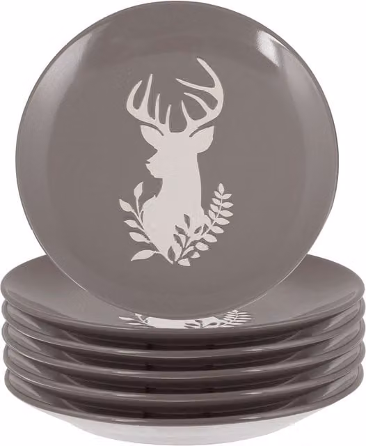 Dibor Set of 6 Grey Stag Head Stoneware Christmas Side Plates, Diameter: 21 cm – 1