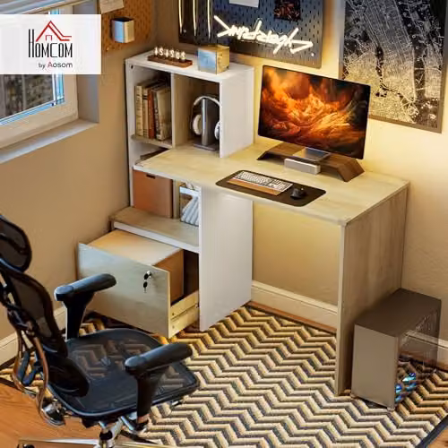 HOMCOM Modern Computer Desk with Single Pedestal Drawer in Brown and Beige, W: 126 cm, H: 85 cm, D: 50 cm