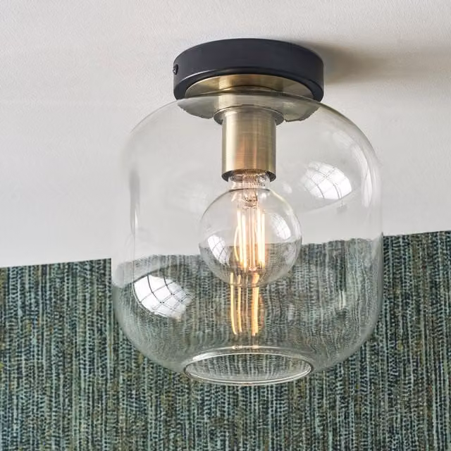 Ruma Minimalist Industrial Dome Ceiling Light with Transparent Glass and Black Base – 1