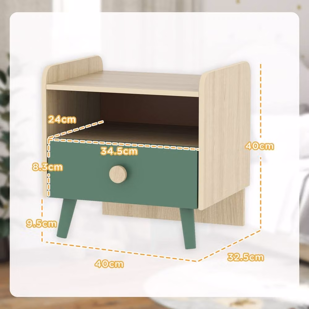 AIYAPLAY Kids Bedside Table with Drawer and Open Storage Shelf, Green, W/D/H: 40.0 x 40.0 x 32.5 cm – 3