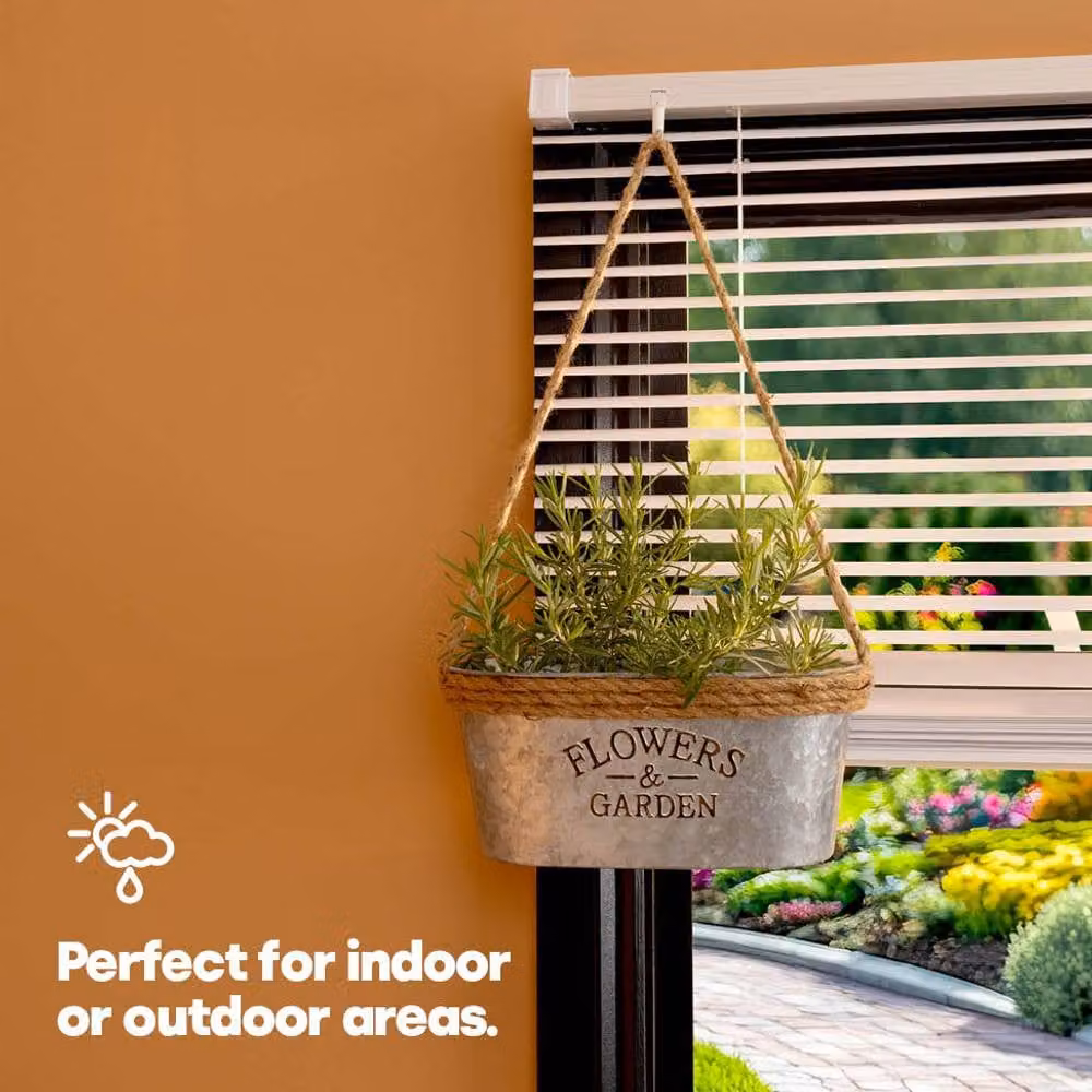 LIVIVO Silver Zinc Hanging Plant Pot with Hessian Rope Metal Indoor Outdoor Planter, W: 25.0 cm, D: 21.0 cm, H: 10.5 cm – 3