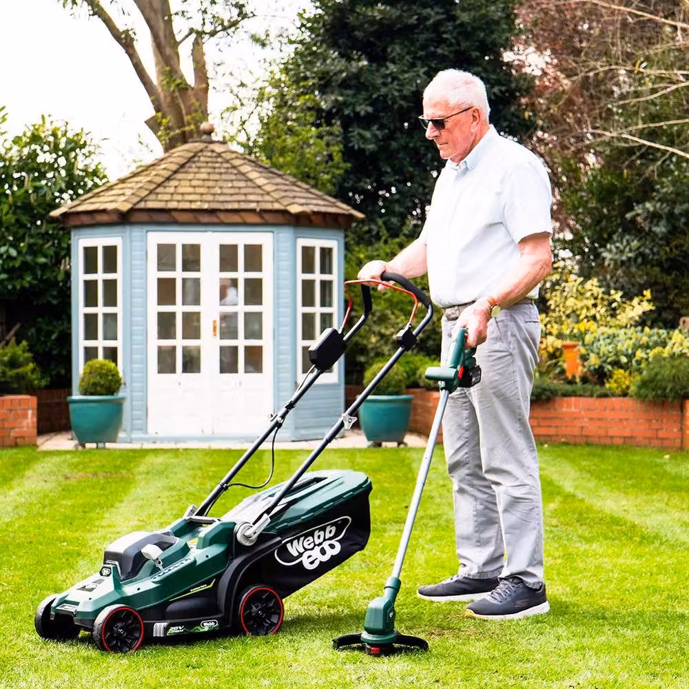 Webb 20V Cordless Lawnmower and Strimmer Starter Kit in Green with 4Ah Rechargeable Battery and Charger – 4