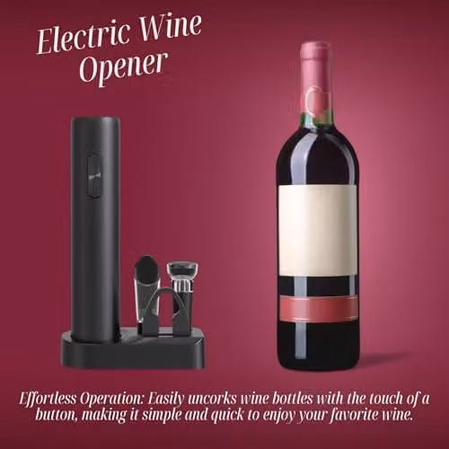 Trendi Electric Wine Opener Set in Black, Stainless Steel Battery-Operated Corkscrew with Foil Cutter, Aerator, Vacuum Stoppers and Storage Base – 3