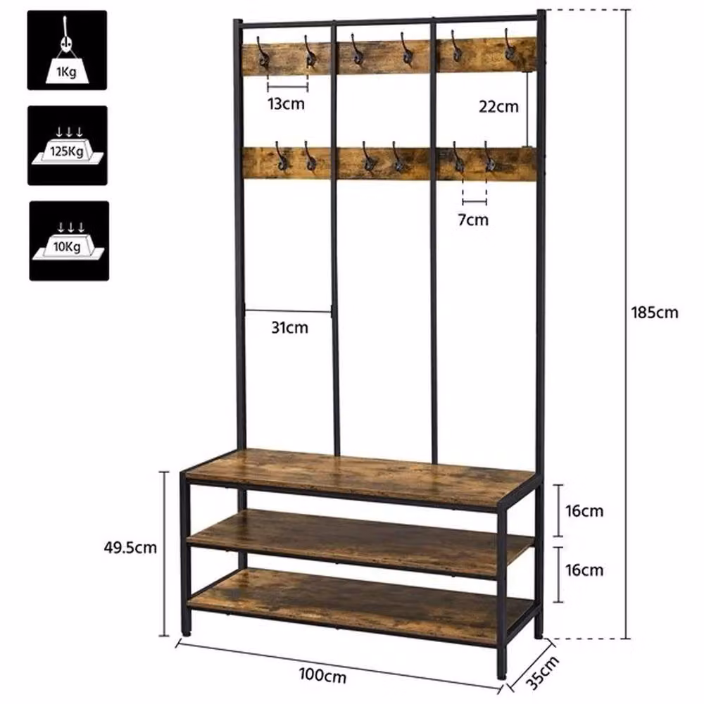 EONLION Industrial Metal and MDF Hall Tree with Shoe Bench and Hooks in Brown and Black – 2