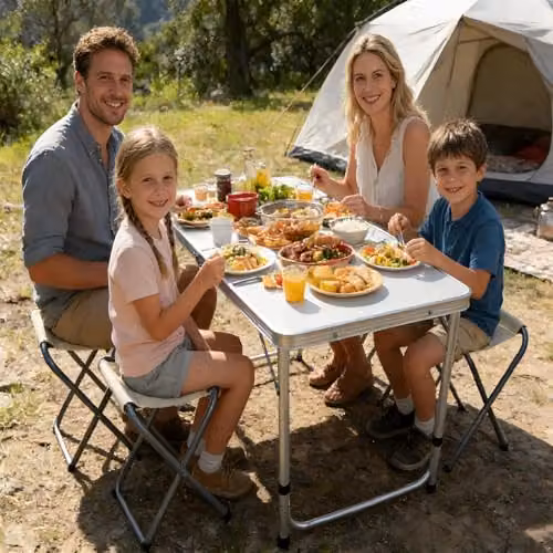 Gr8 Garden Height Adjustable Folding Camping Picnic Table Set with 4 Stools, Grey Powder Coated Aluminium and MDF Laminate, W/D/H: 120 x 60 x 70 cm – 6