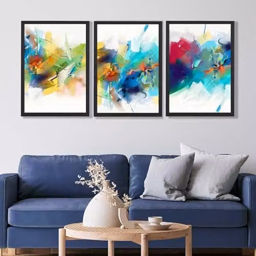 ARTZE Set of 3 Abstract Multicolour Fractal Wall Art with Black Wood Frames, W: 50 cm x H: 70 cm x D: 2 cm