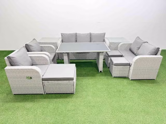 Fimous 10 Seater Modern Garden Furniture Set in Light Grey with 3 Stools and 2 Side Tables