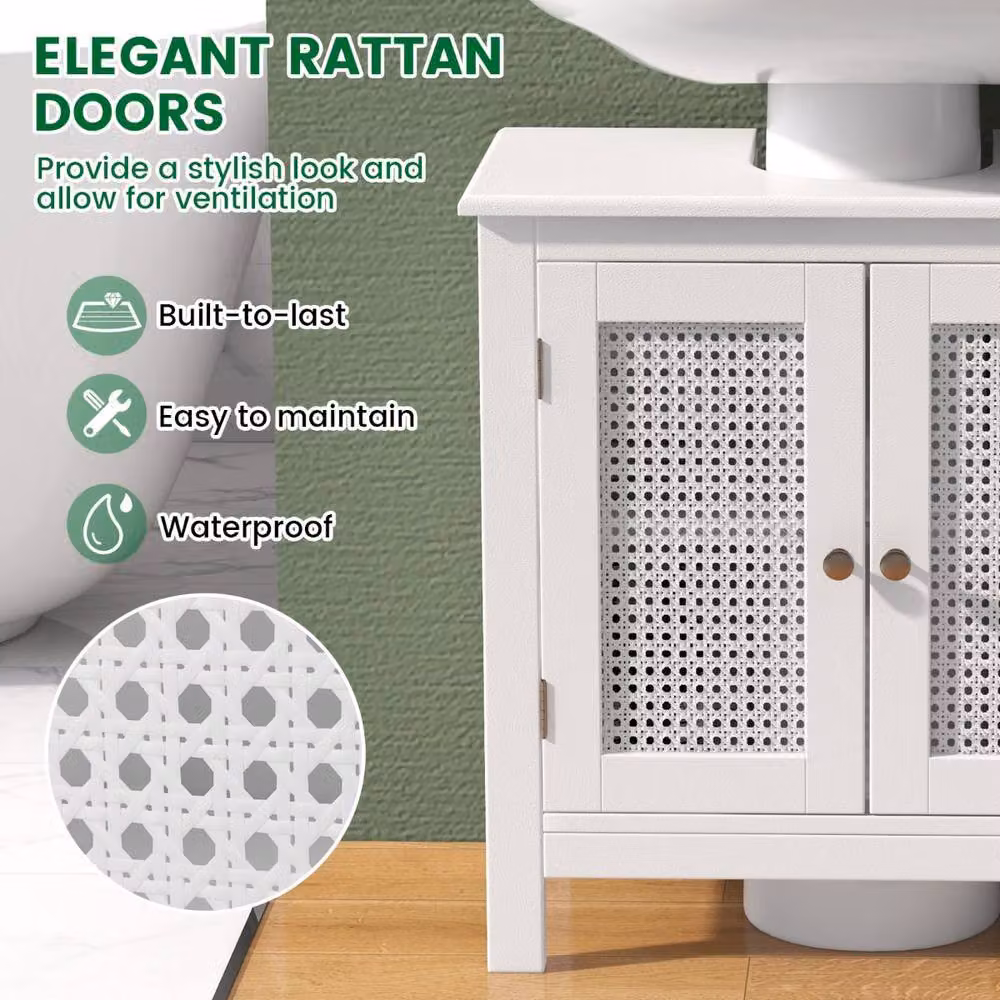Costway White Pedestal Sink Storage Cabinet with 2 Rattan Hinged Doors and Internal Shelves – 4
