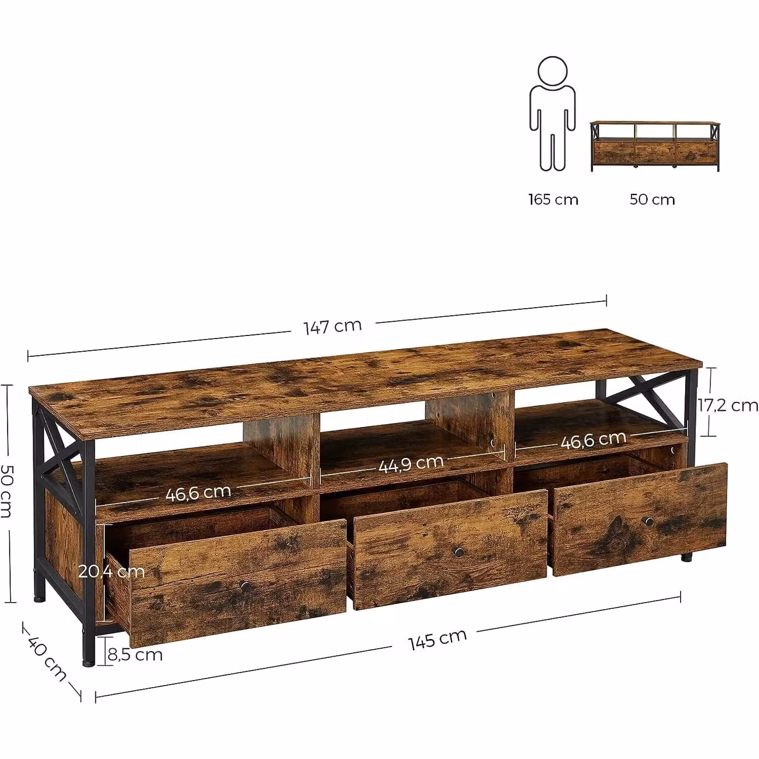 VASAGLE Industrial TV Stand Cabinet with 3 Drawers and 3 Open Shelves in Brown – 3