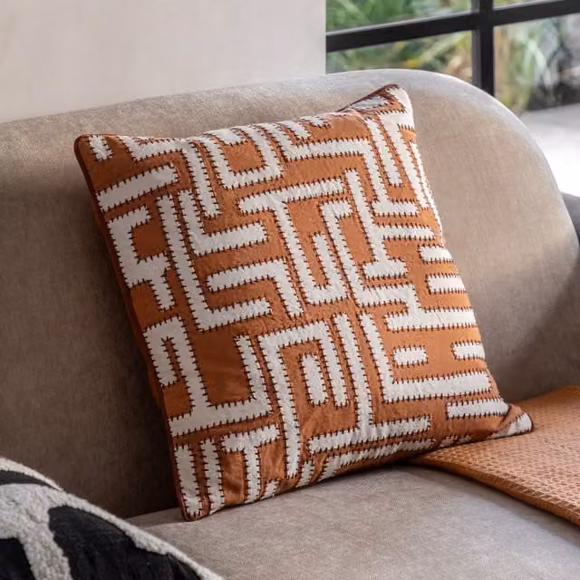 Terrys Graphic Modern Square Velvet and Cotton Feather Filled Cushion in Beige, Orange and White, W/D/H: 45 x 45 x 1 cm