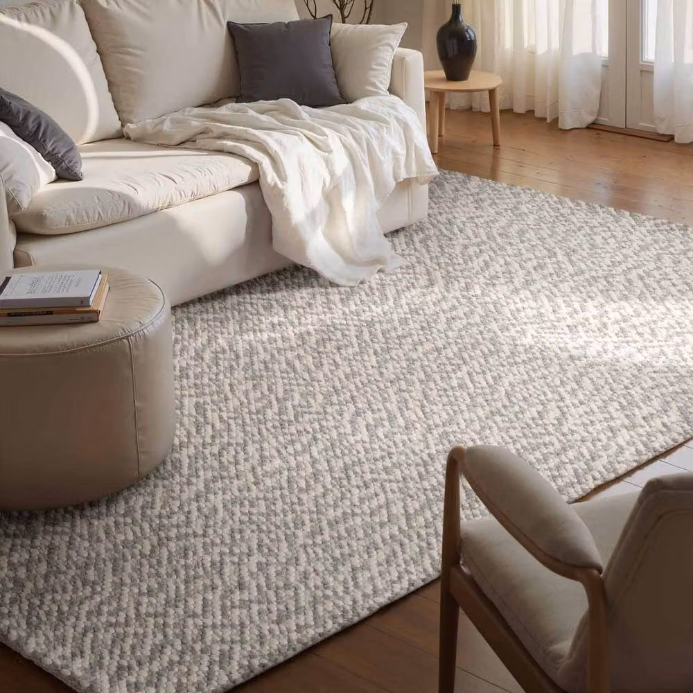 THE RUGS Lyon Handwoven Wool and Cotton Round Beans Rug in Grey and Cream, Diameter: 160 cm – 2