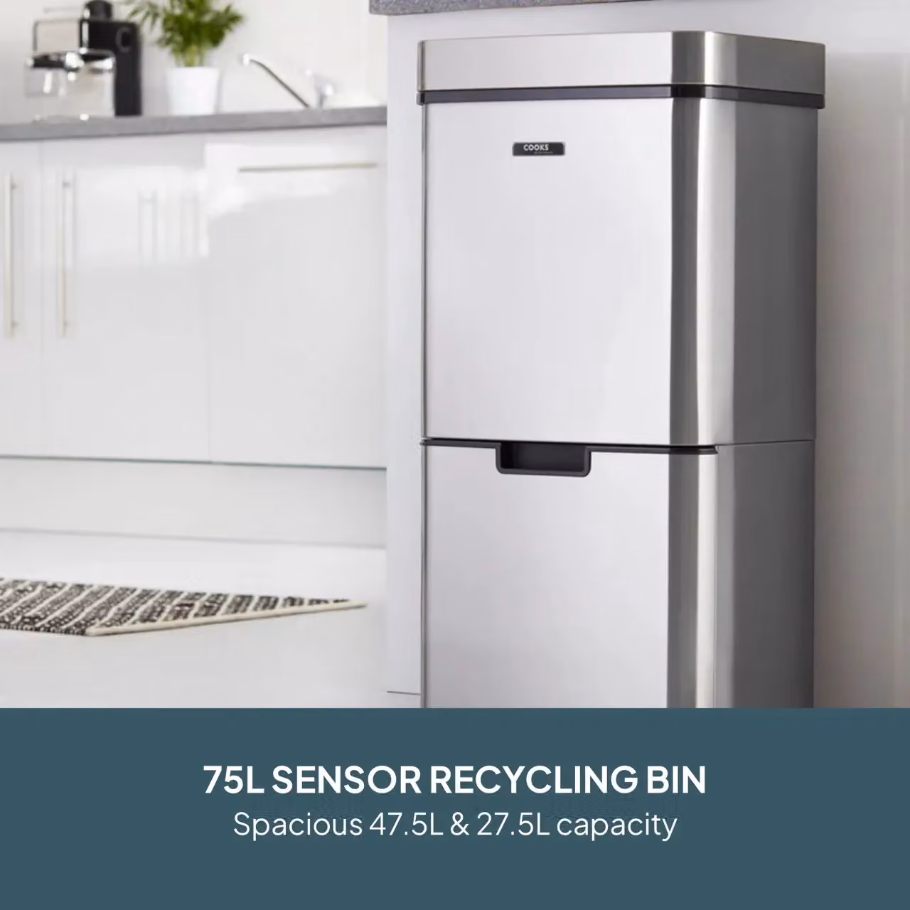 Cooks Professional 75L Sensor Recycling Bin with 3 Compartments and Food Caddy in Silver Stainless Steel – 2