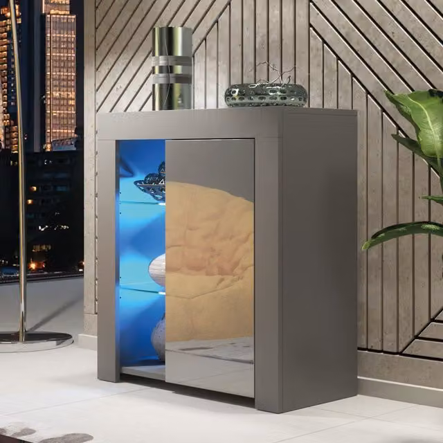 Mex Furniture LTD Modern Glossy Sideboard with Integrated LED Lighting in Dark Grey, W/D/H: 83 x 35 x 75 cm