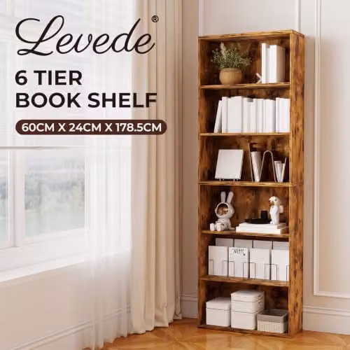 Levede 6-Tier Wooden Bookcase with Adjustable Shelves, Brown, H 178.5 cm x W 24 cm x D 24 cm – 7