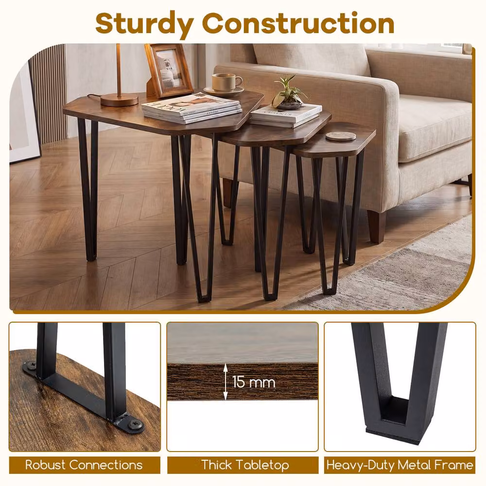 Costway Industrial Nesting Coffee Table Set with Irregular Hexagonal Glass and Metal Tops in Brown – 8
