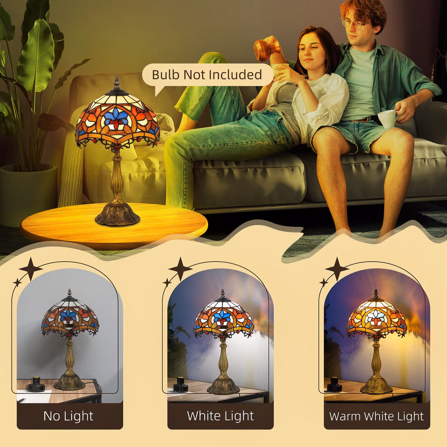 HOMCOM Art Nouveau Stained Glass Table Lamp, Multi-Coloured Handcrafted Bedside Light with Zinc Alloy and Glass Dome – 5