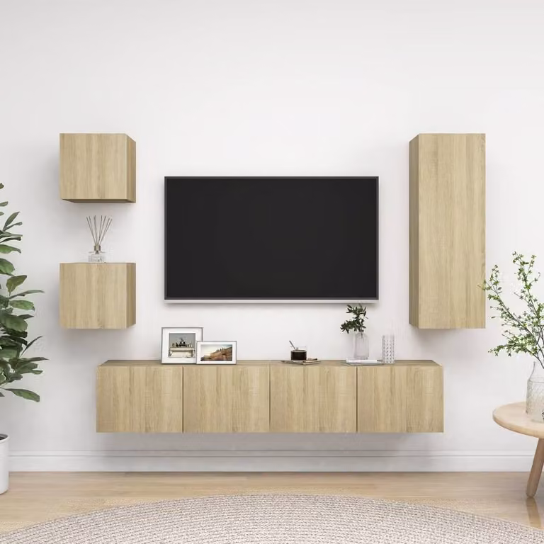 Berkfield Home Practical 5 Piece TV Cabinet Set in Sonoma Oak and Beige Engineered Wood W/D/H: 90 x 30 x 30 cm