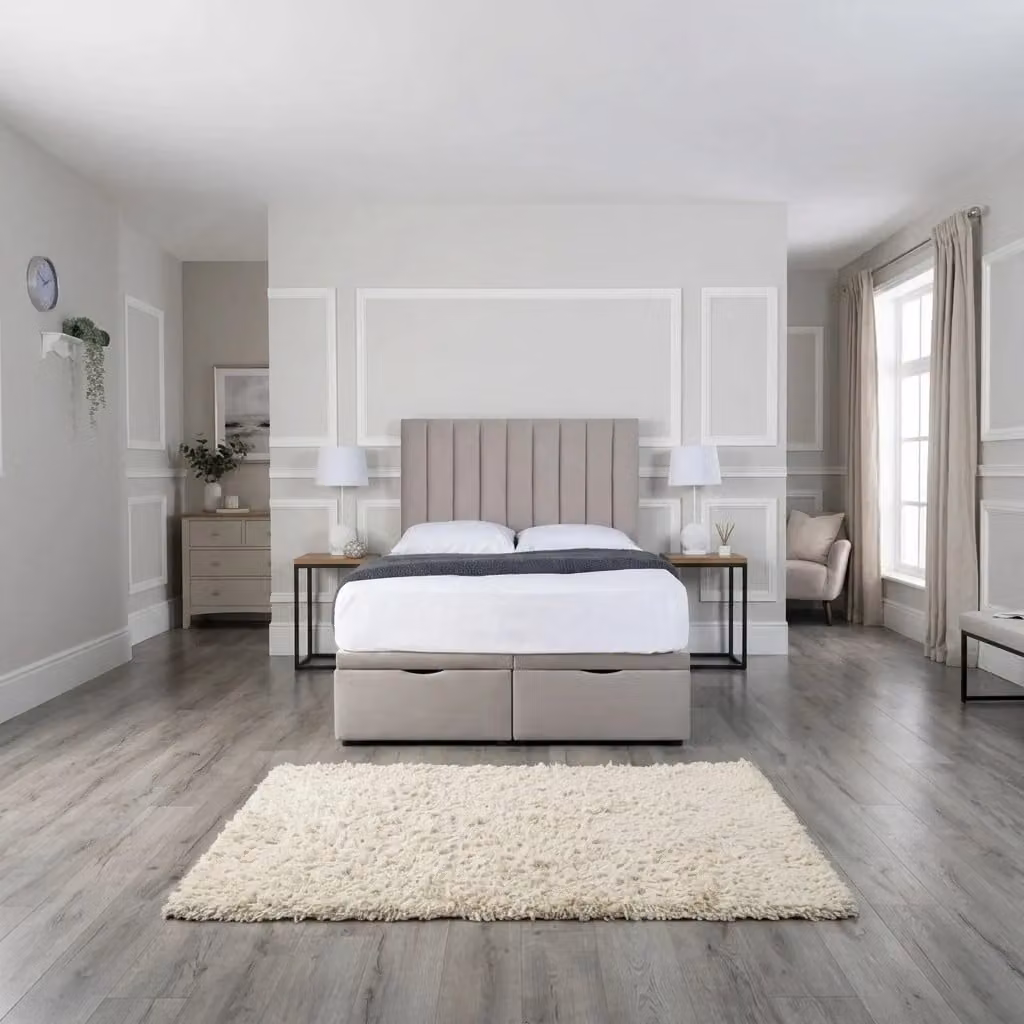BEDS NK LTD Beige Fabric Upholstered Panel Divan Bed with Drawers
