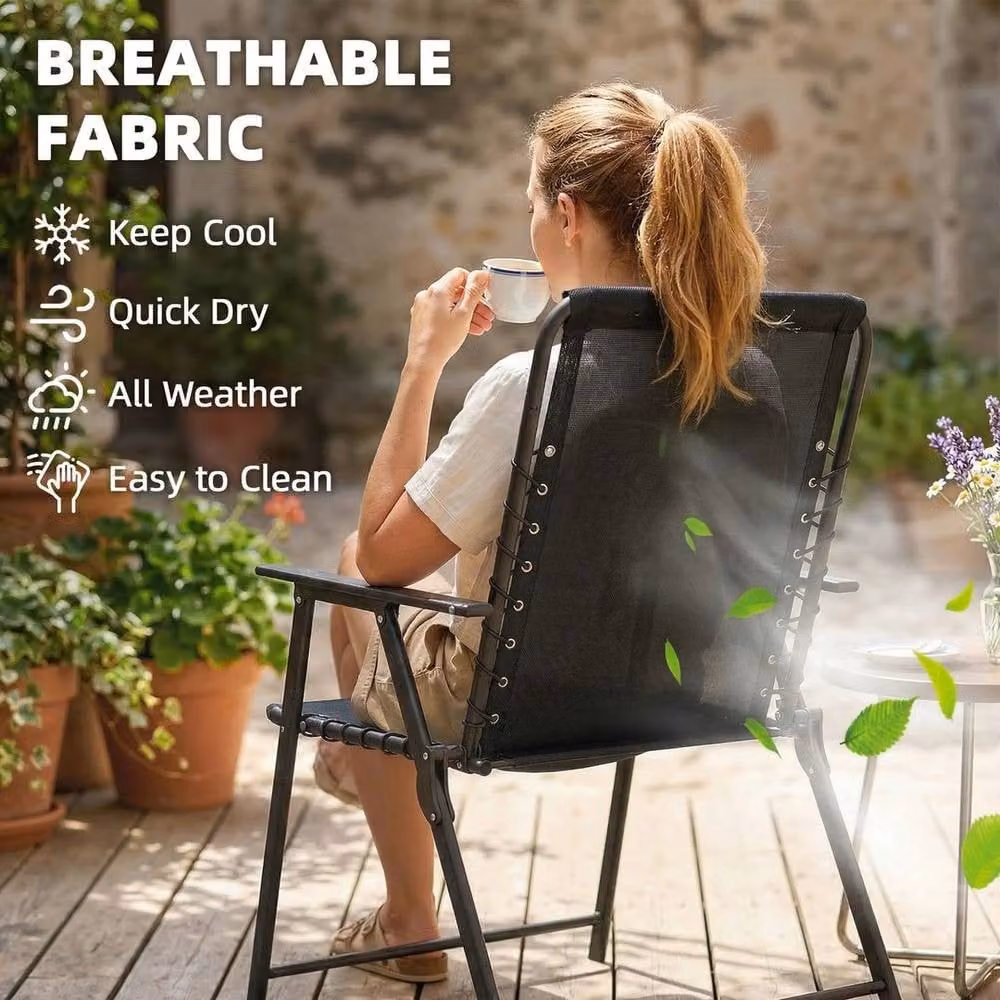 Kelvenix Set of 2 Black Folding Garden Chairs with Armrests and Textilene Fabric – 3