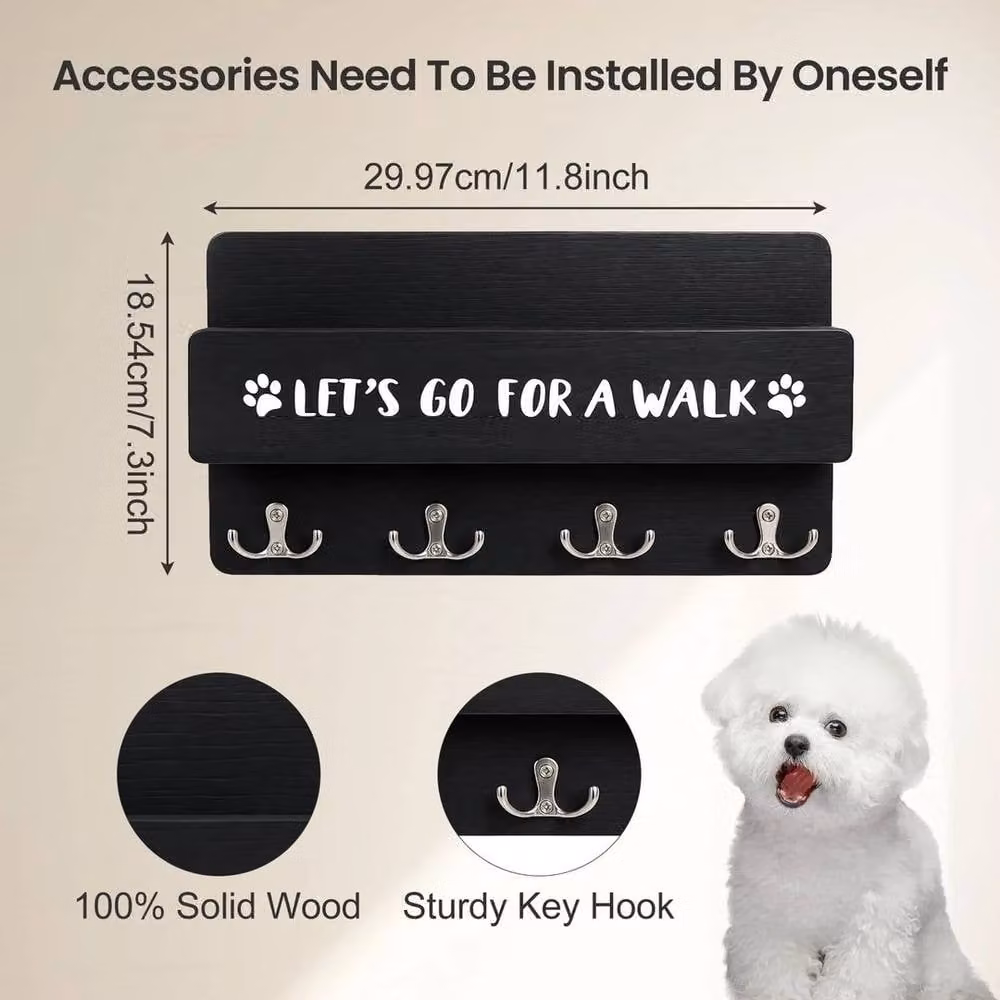 EONLION Black Wooden Wall Mounted Hook Rack with Shelf for Keys and Leashes, W: 52 cm, H: 29.97 cm, D: 8 cm – 2
