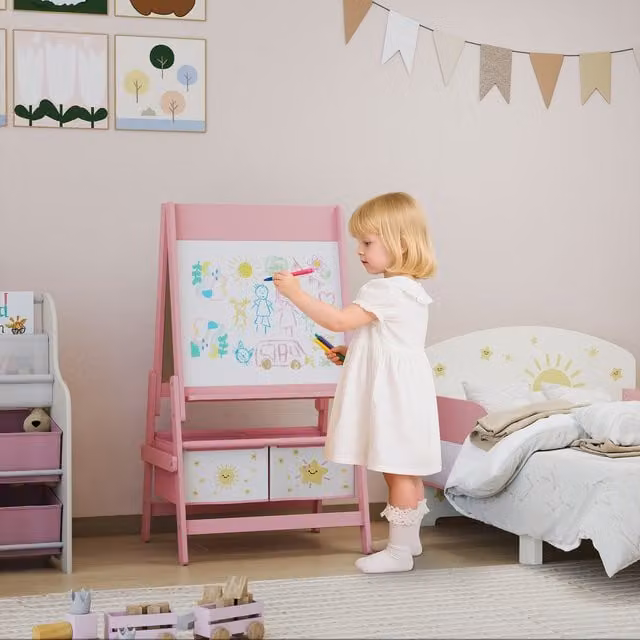 AIYAPLAY 3-in-1 Double Sided Kids Art Easel with Whiteboard and Blackboard in Pink