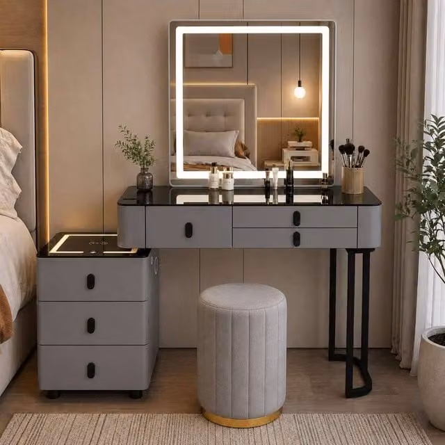 MN Furniture Modern Hollywood LED Dressing Table Vanity Set with Stool in Grey