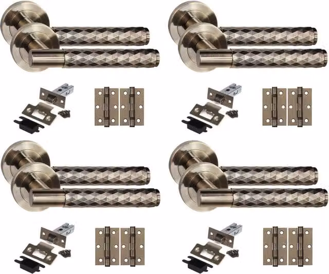Golden Grace Knurled T-Bar Diamond Cut Door Handle Set with Ball Bearing Hinges and Latch in Brass