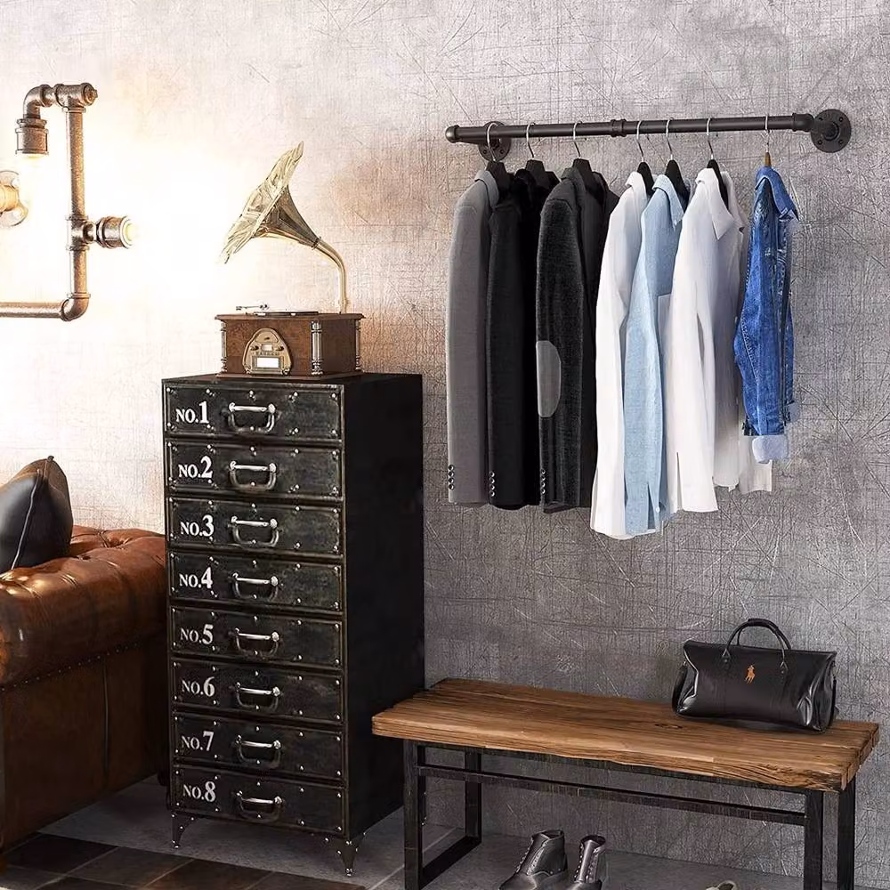 FLAVORA Industrial Pipe Wall Mounted Clothing Rack in Matt Black, W: 100 cm, D: 15 cm, H: 92 cm – 4