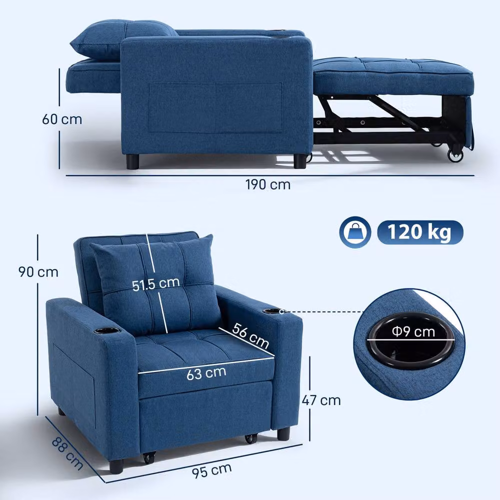 HOMCOM 3-in-1 Convertible Sofa Bed and Sleeper Chair with Adjustable Backrest in Dark Blue – 3