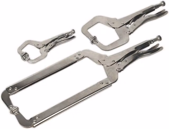 Loops 3 Piece Set of Locking C-Clamp Pliers in Silver Nickel Plated Steel