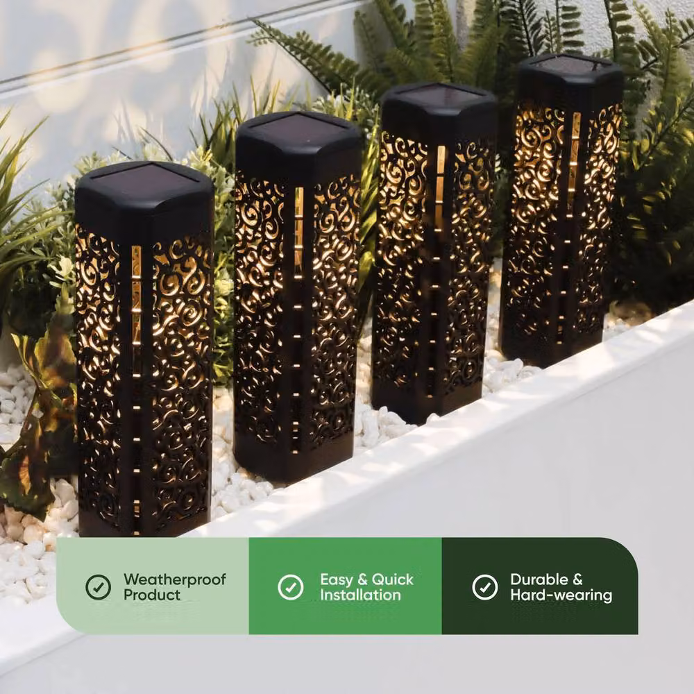 Gardenwize Pack of 4 Solar Powered LED Garden Path Lights in Black with Warm White Light and Dusk Sensor – 3