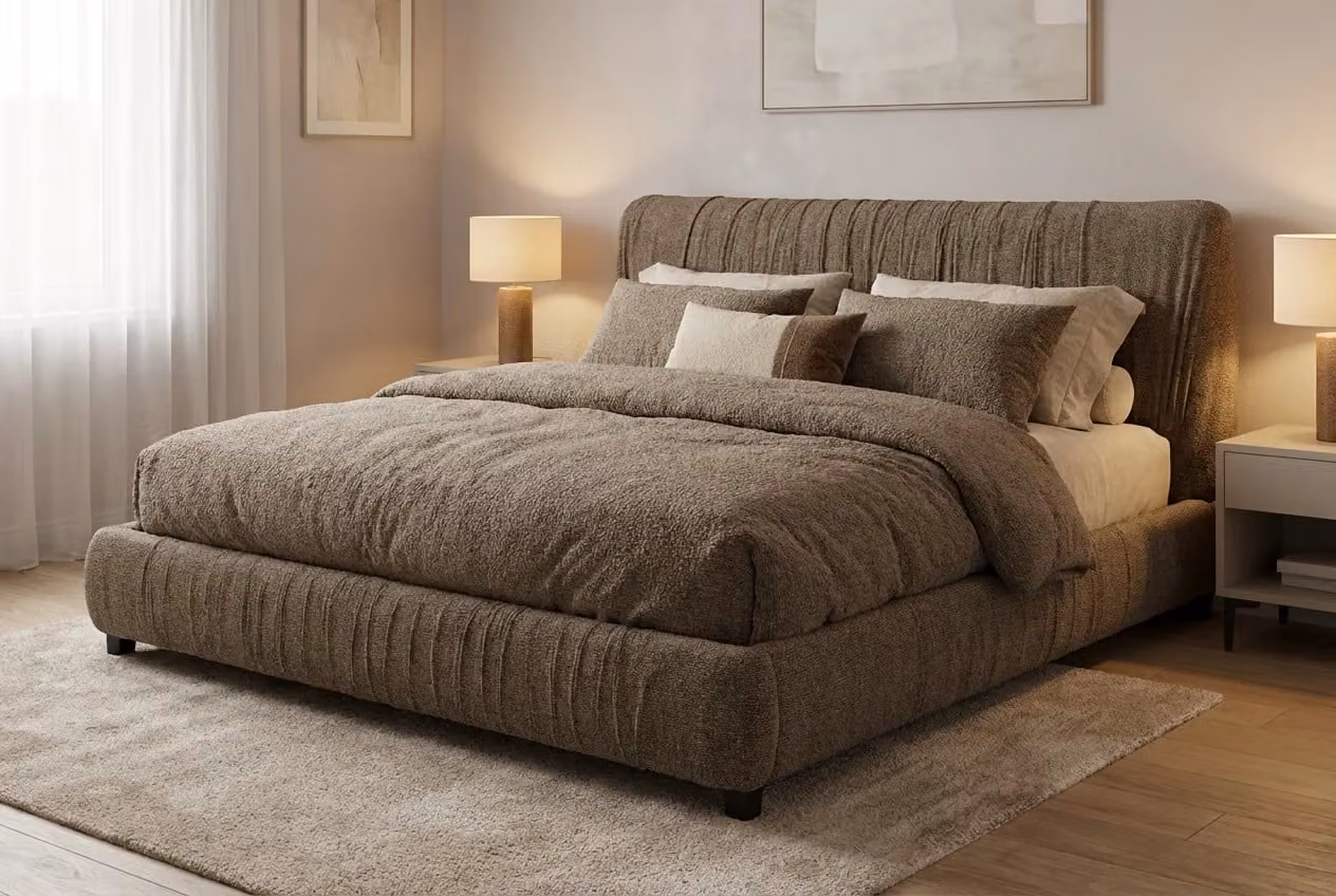 Araco Atelier Axis Upholstered Bed in Porcini Brown and Beige