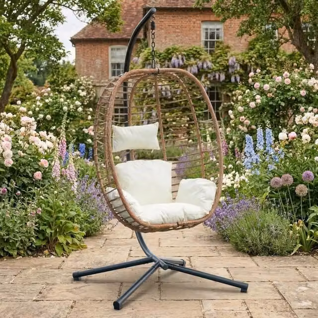 Rosewood & Stone Home Cotehele Single Egg Chair in Cream and Brown with Rattan and Metal Frame
