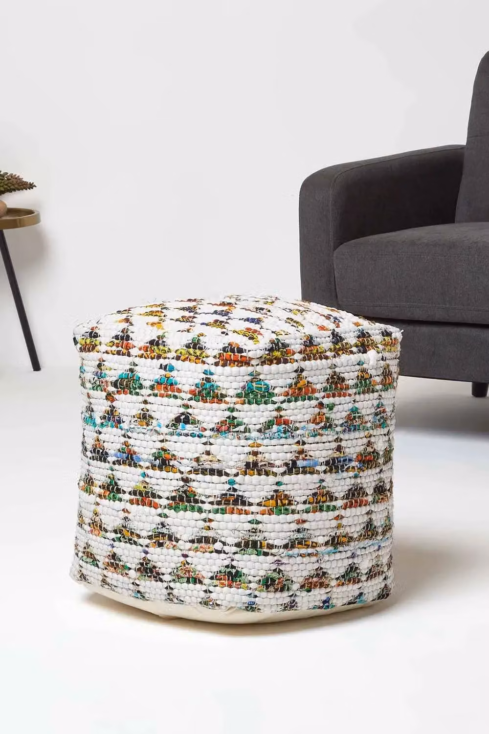 Homescapes Chindi Design Small Square Beanbag Style Footstool in Beige and Multicolour Cotton Fabric – 2