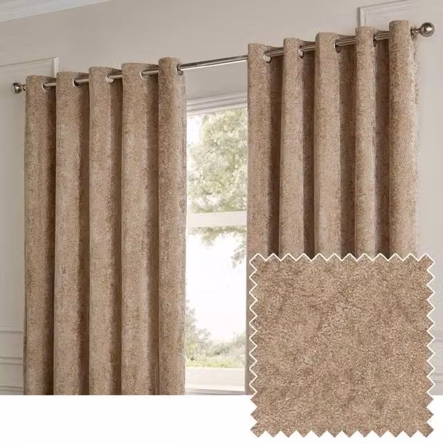 Paoletti Lustre Velvet Eyelet Curtain Pair in Beige, Width: 229 cm, Drop: 183 cm – 1