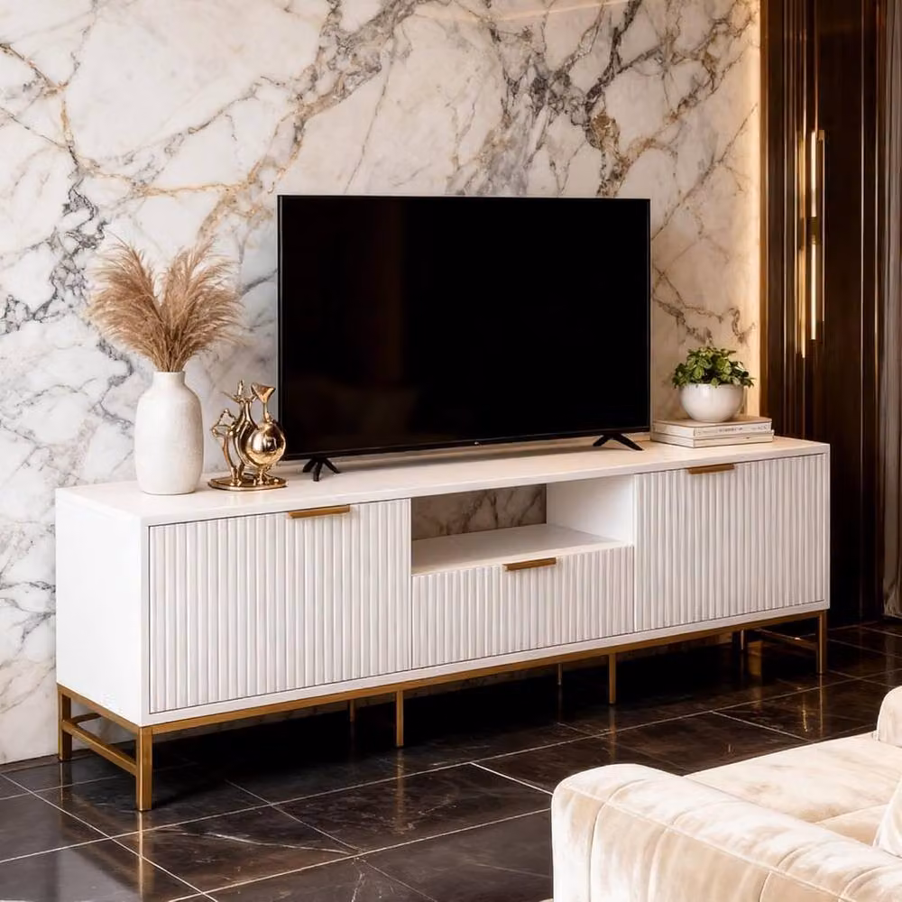 FURNITURE ONE White TV Cabinet with 1 Drawer, 2 Doors and Open Shelf in Natural White and Gold, W: 154 cm, H: 56 cm, D: 39 cm – 4