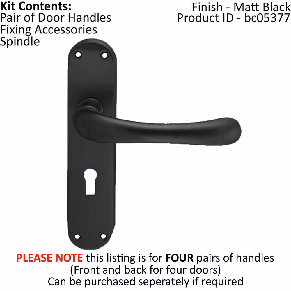 Loops 4 Pairs of Smooth Rounded Handle on Shaped Lock Backplate, Matt Black, W: 18.5 cm, H: 4.2 cm – 2