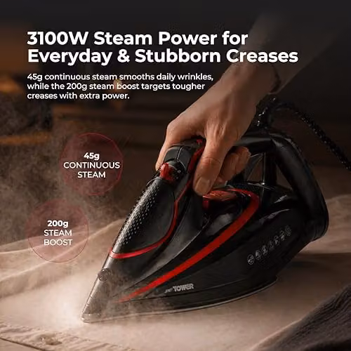 Tower Steam Iron with Ceramic Non-Stick Soleplate and Anti-Calc System, Red and Black – 5