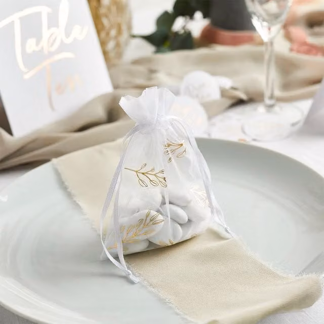 Club Green Gold and White Organza Bags, Pack of 10