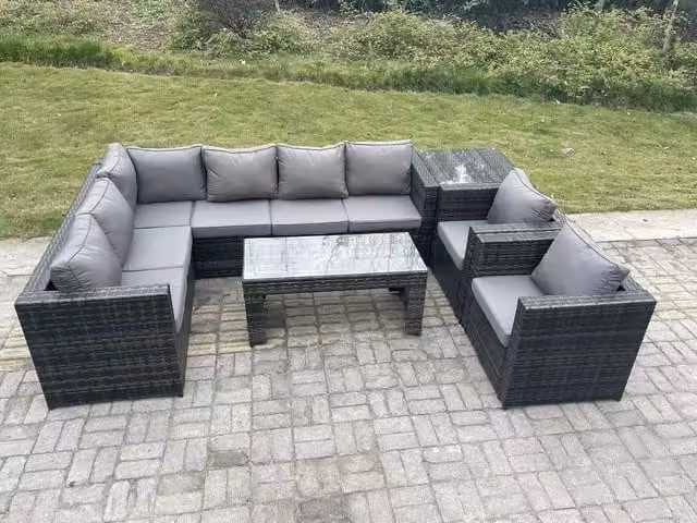 Fimous 8 Seater Rattan Corner Sofa Lounge Set with Rectangular Coffee Table and Side Table, Left Hand, Dark Grey