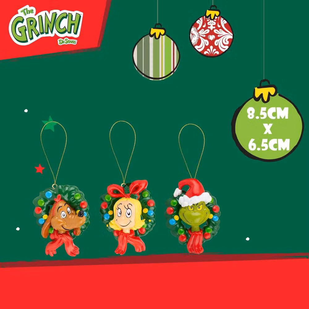 VFM e-Store Grinch 3D Hanging Christmas Tree Decorations, Multicolour, Pack of 3, W: 8.5 cm, H: 6.5 cm – 2