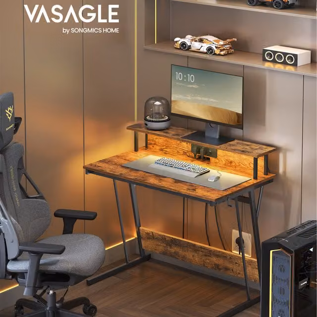 VASAGLE Industrial Gaming Desk with LED Lights and Power Outlets in Bronze and Brown